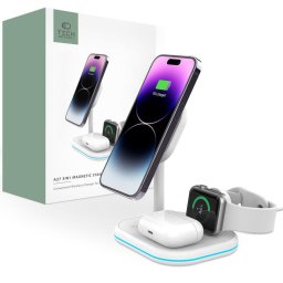 Husa Încărcător wireless Tech-Protect QI15W-A27 3in1 Magnetic MagSafe pentru telefon, ceas și căști, alb