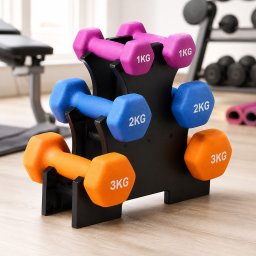 Set gantere fitness 12 kg cu suport 3 niveluri, 6 gantere vinil pentru home gym