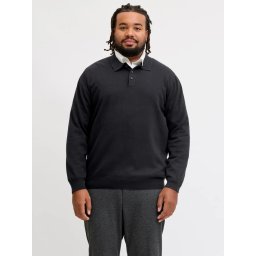 Jack & Jones Plus Pulover tricotat barbati big sizes, din bumbac organic, guler polo, JJEBASIC, Regular Fit, Negru (SELECTATI MARIMEA: 5XL)