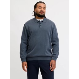 Jack & Jones Plus Pulover tricotat barbati big sizes, din bumbac organic, guler polo, JJEBASIC, Regular Fit, Gri albastrui (SELECTATI MARIMEA: 4XL)