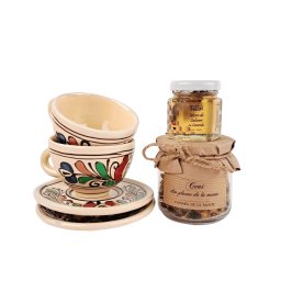 Set 2 cesti cu farfuriuta ceramica Corund - colorat, ceai din plante de la munte si miere infuzata cu lavanda