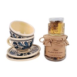 Set 2 cesti cu farfuriuta ceramica Corund - albastru, ceai din plante de la munte si miere infuzata cu lavanda (SET017)