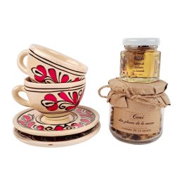 Set 2 cesti cu farfuriuta ceramica Corund - rosu, ceai din plante de la munte si miere infuzata cu lavanda