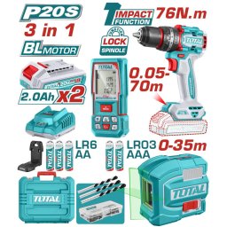 TOTAL - KIT COMBO 20V - MASINA DE GAURIT CU IMPACT, NIVELA LASER, TELEMETRU (INCLUDE 2 ACUMULATORI,