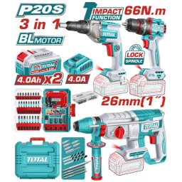 TOTAL - KIT COMBO 20V - MASINA DE GAURIT CU IMPACT, SURUBELNITA CU OPRITOR, CIOCAN ROTOPERCUTOR (IN