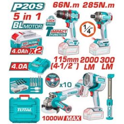 TOTAL - KIT COMBO 20V - MASINA DE GAURIT CU IMPACT, MASINA DE INSURUBAT CU IMPACT, POLIZOR UNGHIULAR