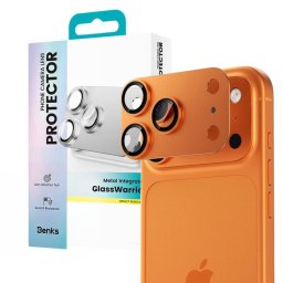 Folie de sticlă cameră Benks Glass Warrior cu ramă metalică integrată pentru Apple iPhone 17 Pro Max - portocaliu