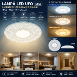 Lampa LED UFO 48W patrata, 3 Culori 3000K 4000K 6500K, O29,6 cm, dispersor decorativ tip cristal, Montaj E27 sau Direct la Tavan