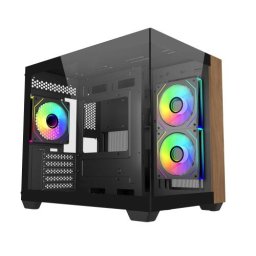 Carcasa PC Cooler Master Elite 481, Mini Tower, ARGB, Sticla temperata, Fara sursa, 9 ventilatoare compatibile, 3 incluse, Lemn / Negru