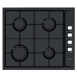 Plita neagra, lime 58 cm, 4 arzatoare pe gaz, gratare metalice, 1 arzator mare (2,4 kW), 2 arzatoare medii (1,8 kW), 1 arzator mic (1 kW), panou de control frontal