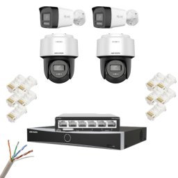 Kit supraveghere IP Hikvision profesional, 2 camere fixe 4K 8MP, microfon, difuzor, 2 camere rotative 4MP, Audio, PoE, Dual Light, NVR, cablu UTP, mufa RJ45, Switch POE