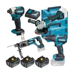 Makita - DLX4207T3J - Masina de insurubat cu impact, 170 Nm + Polizor unghiular, 125 mm + Rotopercutor SDS-Plus, 2 J + Masina de gaurit si insurubat cu percutie + Set 3 acumulatori si incarcator, Li-Ion, 18 V, 5 Ah + 3 x Valiza speciala
