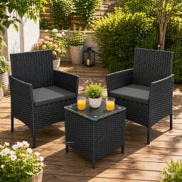SONGMICS Set mobilier gradina cu 2 locuri, 2 scaune si masa cu sticla, ratan PE, negru si gri