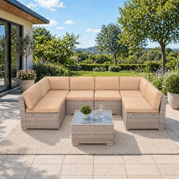 Set mobilier gradina 7 piese, canapea modulara colt L sau U, perne groase, masa cu blat sticla, technoratan, bej