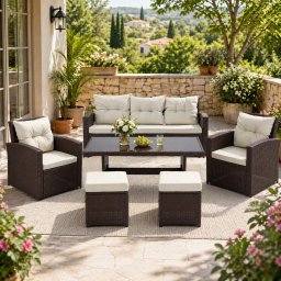 Set mobilier gradina 7 piese, canapea 3 locuri, 2 fotolii, 2 tabureti si masa cu blat de sticla, ratan PE, maro si bej