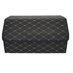 Cutie de Depozitare Auto, Flippy, Organizator Premium Portbagaj, Geanta Multifunctionala, Piele Ecologica, Pliabil si Rezistent la Uzura, 2 Compartimente Depozitare, Pliabil si Rezistent la Uzura, Negru/Alb, 55 x 30 x 30cm