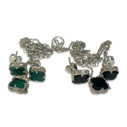 Set din Argint 925 (Colier si Cercei), Jolie Silver, Model Trifoi, 3.5 g, Verde-Negru