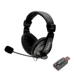 CASTI Spacer, cu fir, standard, utilizare multimedia, microfon pe brat, conectare prin adaptor USB 2.0 sau Jack 3.5 mm x 2, negru, "SPK-222-USB",(timbru verde 0.8 lei)