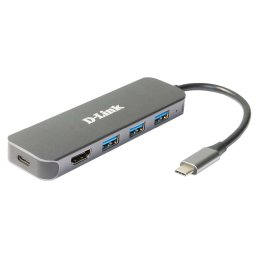HUB extern D-LINK,porturi 3xSuperSpeed USB 3.0,1xUSB-C with data sync & PD-60W,1xHDMI 4k,Dual-Slot SD/microSD/SDHC/SDXC Card Reader,conec USB Type C,cab10 cm,met, arg "DUB-2333" (timbru verde 0.8lei)