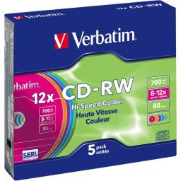 CD-RW VERBATIM 700MB, 80min, viteza 8-12x, 5 buc, carcasa, "Colour 12x" "43167/261910"