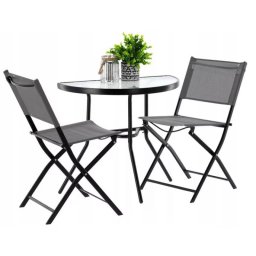 Set mobilier gradina sau balcon, masa semirotund sticla cu 2 scaune pliabile, gri