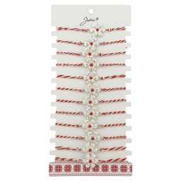 Bratara Martisor pentru Dama, Jolie, Model Floare Argintie, Set 12 bucati, Pandativ Argintiu din Inox cu Elemente Multicolore, Snur Alb/Rosu
