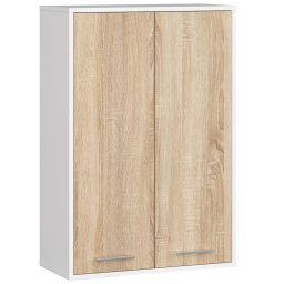 Dulap baie suspendat, cu 2 usi si 4 rafturi interioare, PAL 16 mm, 64x30x94 cm, alb si stejar sonoma