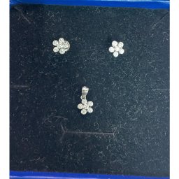 Set Bijuterii Dama Argint 925, Jolie, Cercei cu Pandativ, Model Floricele Rotunde cu Pietre Albe, 1.7 g, Argintiu