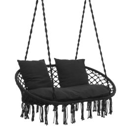 Scaun dublu tip leagan suspendat pentru casa sau gradina, cu perne, stil boho, 128x66x124 cm, maxim 300 kg, negru