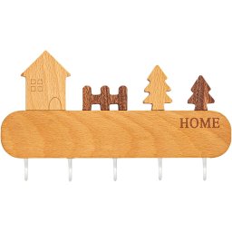 Suport pentru Chei, Flippy, din Lemn, Aplicare fara Perforare, Adeziv Inclus, 5 Carlige Albe, Model Casuta, Greutate Suportata 5 kg, 13.5 x 23 cm, Maro