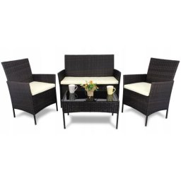 Set mobilier gradina/terasa, poliratan, maro cu perne crem, 1 masa, 2 fotolii, 1 canapea, Medi