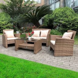 Set mobilier gradina santorini, 4 piese, fotolii, canapea, masuta de cafea, poliratan bej
