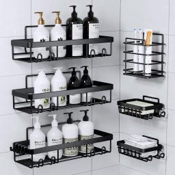 RESIGILAT: Gadgetry Raft de Dus, Etajera Baie si Bucatarie, Din Otel Inoxidabil, Pentru Depozitare in Bucatarie, Organizator Baie, set 6 rafturi de dus, Gel Dus, Montaj Fara Gauri, Gadgetry - Negru