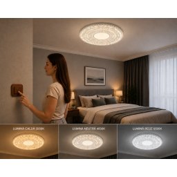 Lampa LED UFO 48W rotunda, 3 Culori 3000K 4000K 6500K, O29,6 cm, dispersor decorativ tip cristal, Montaj E27 sau Direct la Tavan