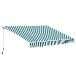 Copertina de soare cu brate reglabile si manivela, aluminiu/poliester, 295cm latime, extensie max 250cm, rola aluminiu 6cm, bara torsiune otel 35x35mm, verde/alb - Verificat A · Re-Bloom