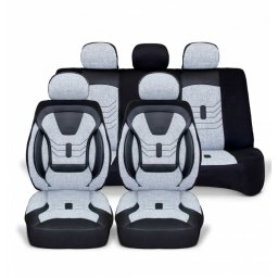 Set Huse Scaune Auto Universale Deluxe Seat Cover Seria KETEN Material Textil Si Piele Ecologica Neagra Fata-Spate Compatibil Airbag Gri