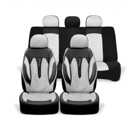 Set Huse Scaune Auto Universale Deluxe Seat Cover Seria SIDNEY Material Textil Gri Si Piele Ecologica Neagra Fata-Spate Compatibil Airbag Gri