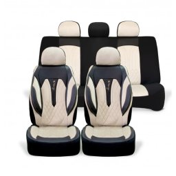 Set Huse Scaune Auto Universale Deluxe Seat Cover Seria SIDNEY Material Textil Crem Si Piele Ecologica Neagra Fata-Spate Compatibil Airbag Crem