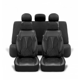 Set Huse Scaune Auto Universale Deluxe Seat Cover Seria SIDNEY Material Textil Si Piele Ecologica Neagra Fata-Spate Compatibil Airbag Negru