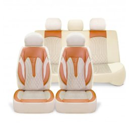 Set Huse Scaune Auto Universale Deluxe Seat Cover Seria SIDNEY Material Textil Crem Si Piele Ecologica Maro Fata-Spate Compatibil Airbag