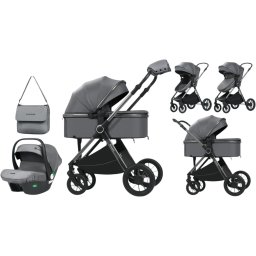 Carucior 3 in 1 Luxmom A4, Gri, Dublu Reversibil cu Scoica