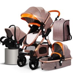 Carucior 3 in 1 Deluxe cu Scoica, Dubla Suspensie si Maner Reversibil Golden Crem