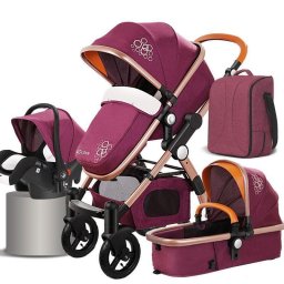 Carucior 3 in 1 Deluxe cu Scoica, Dubla Suspensie si Maner Reversibil Golden Mov