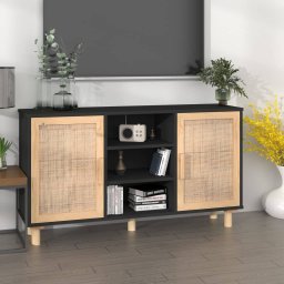 Servanta, negru, 105x30x60 cm, lemn masiv pin si ratan natural GartenMobel Dekor