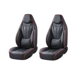 Set Huse Scaune Auto CED AUTO TRADE Universale De Lux Din Piele Ecologica Pentru Scaunele Fata Si Spate Cu Tetiera Integrata Negru Cu Cusatura Rosie