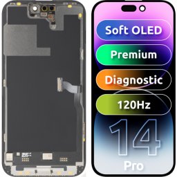 Display cu Touchscreen MP compatibil cu Apple iPhone 14 Pro, cu Rama, Versiune Premium Soft OLED FHD 120Hz Diagnostic, Negru