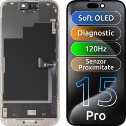 Display cu Touchscreen si Senzor Proximitate Lumina MP compatibil cu Apple iPhone 15 Pro, cu Rama, Versiune Soft OLED FHD 120Hz Diagnostic, Negru