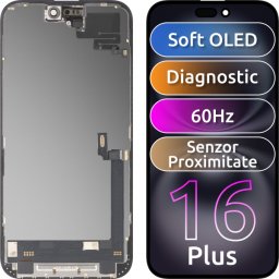 Display cu Touchscreen si Senzor Proximitate Lumina MP compatibil cu Apple iPhone 16 Plus, cu Rama, Versiune Soft OLED FHD Diagnostic, Negru