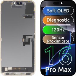Display cu Touchscreen si Senzor Proximitate Lumina MP compatibil cu Apple iPhone 16 Pro Max, cu Rama, Versiune Soft OLED FHD 120Hz Diagnostic, Negru