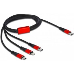 Delock USB charging cable, USB-C plug > Micro-USB + USB-C + Lightning plug (black/red, 1 meter, sleeved, only charging function)
